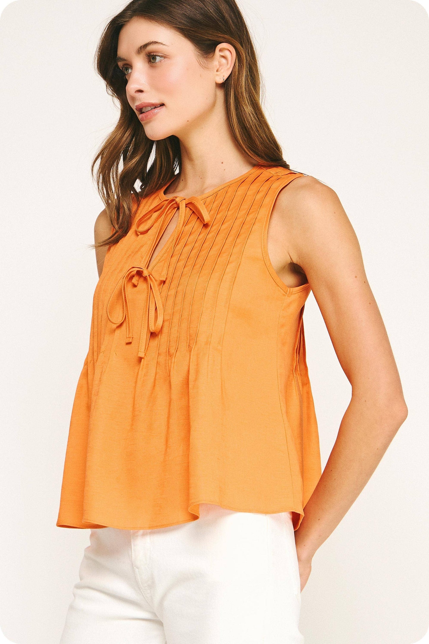 Pintuck Tie Detail Linen Sleeveless Top