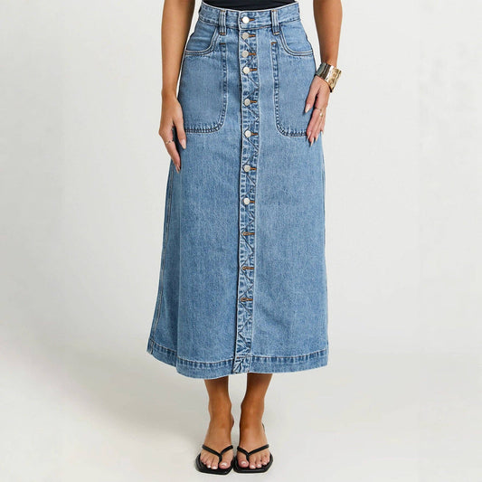 Blue Button Down Mid Length Denim Skirt