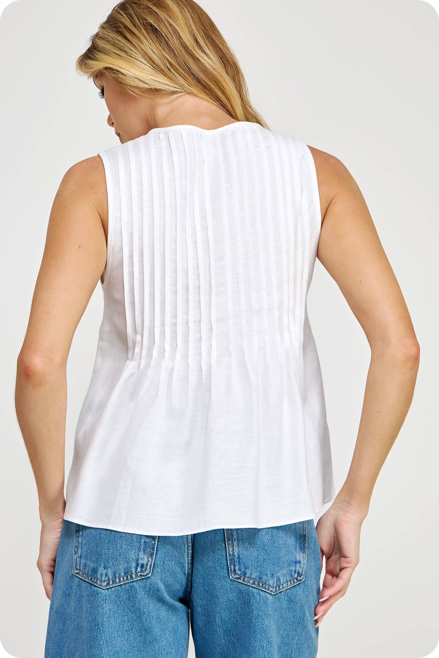 Pintuck Tie Detail Linen Sleeveless Top
