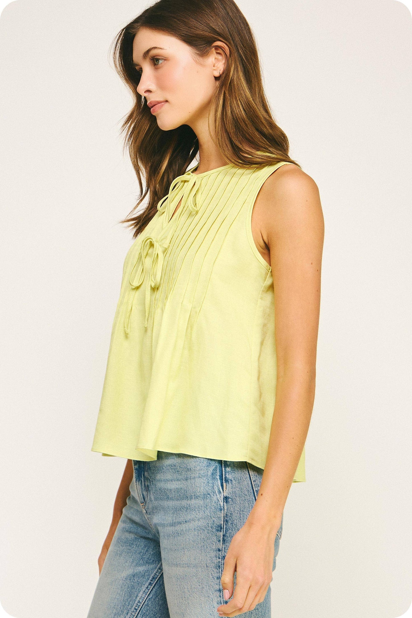 Pintuck Tie Detail Linen Sleeveless Top