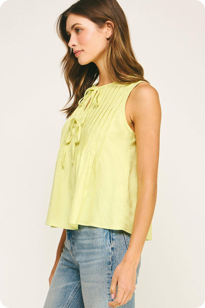 Pintuck Tie Detail Linen Sleeveless Top