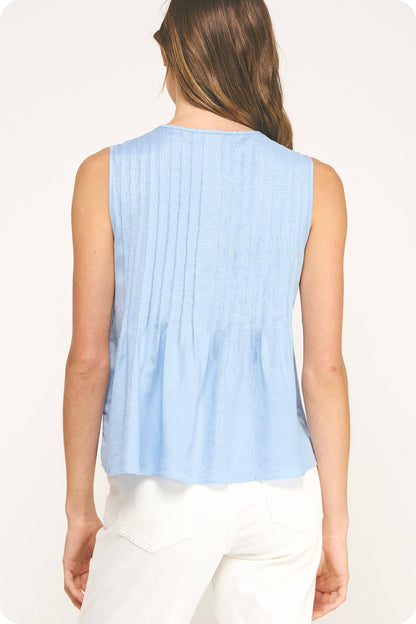 Pintuck Tie Detail Linen Sleeveless Top