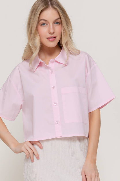 Short Sleeve Button Down Poplin Boxy Woven Shirt