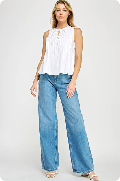 Pintuck Tie Detail Linen Sleeveless Top