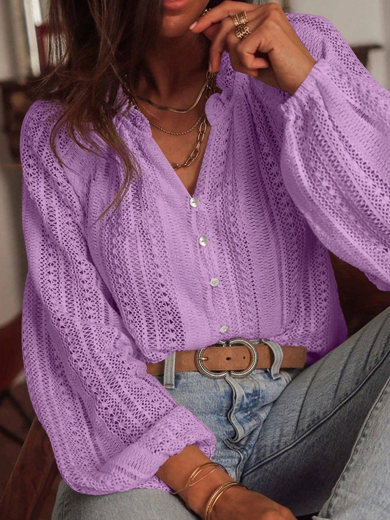 Lace V-Neck Button Down Blouse