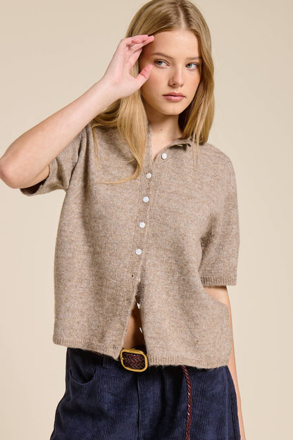 Short Sleeve Button Down Cardigan Mocha