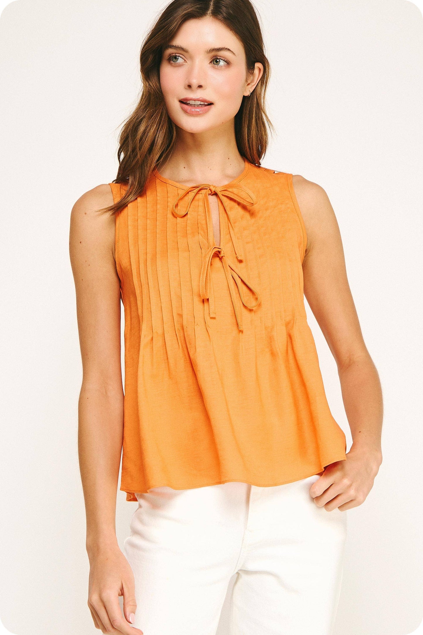 Pintuck Tie Detail Linen Sleeveless Top