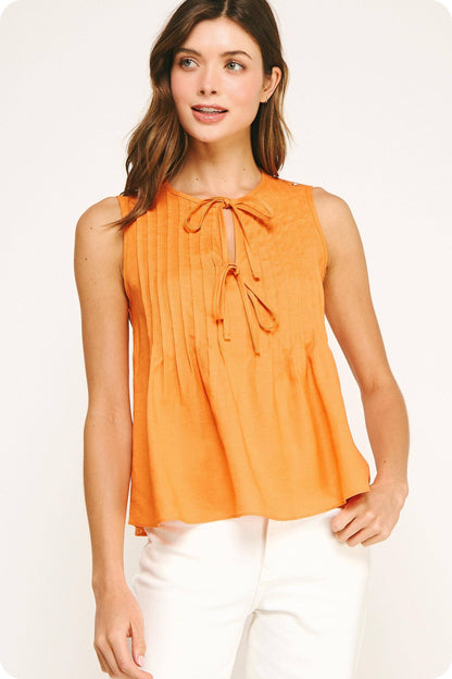 Pintuck Tie Detail Linen Sleeveless Top