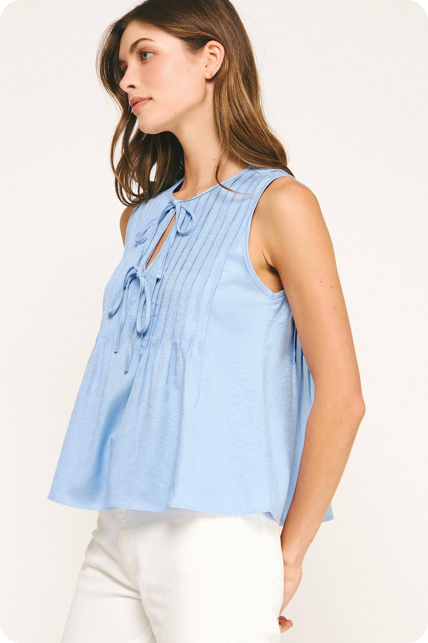 Pintuck Tie Detail Linen Sleeveless Top