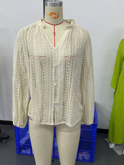Lace V-Neck Button Down Blouse