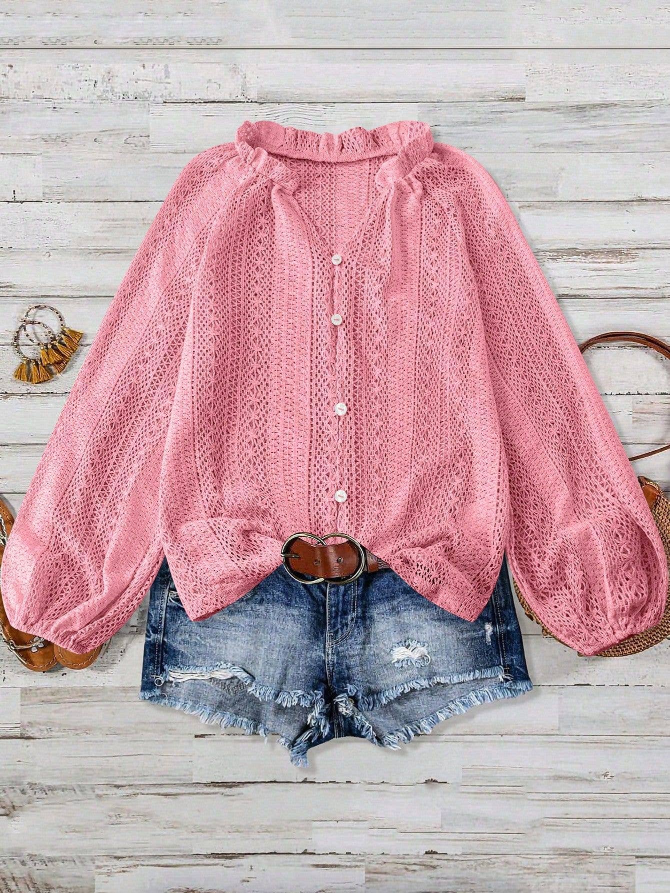 Lace V-Neck Button Down Blouse