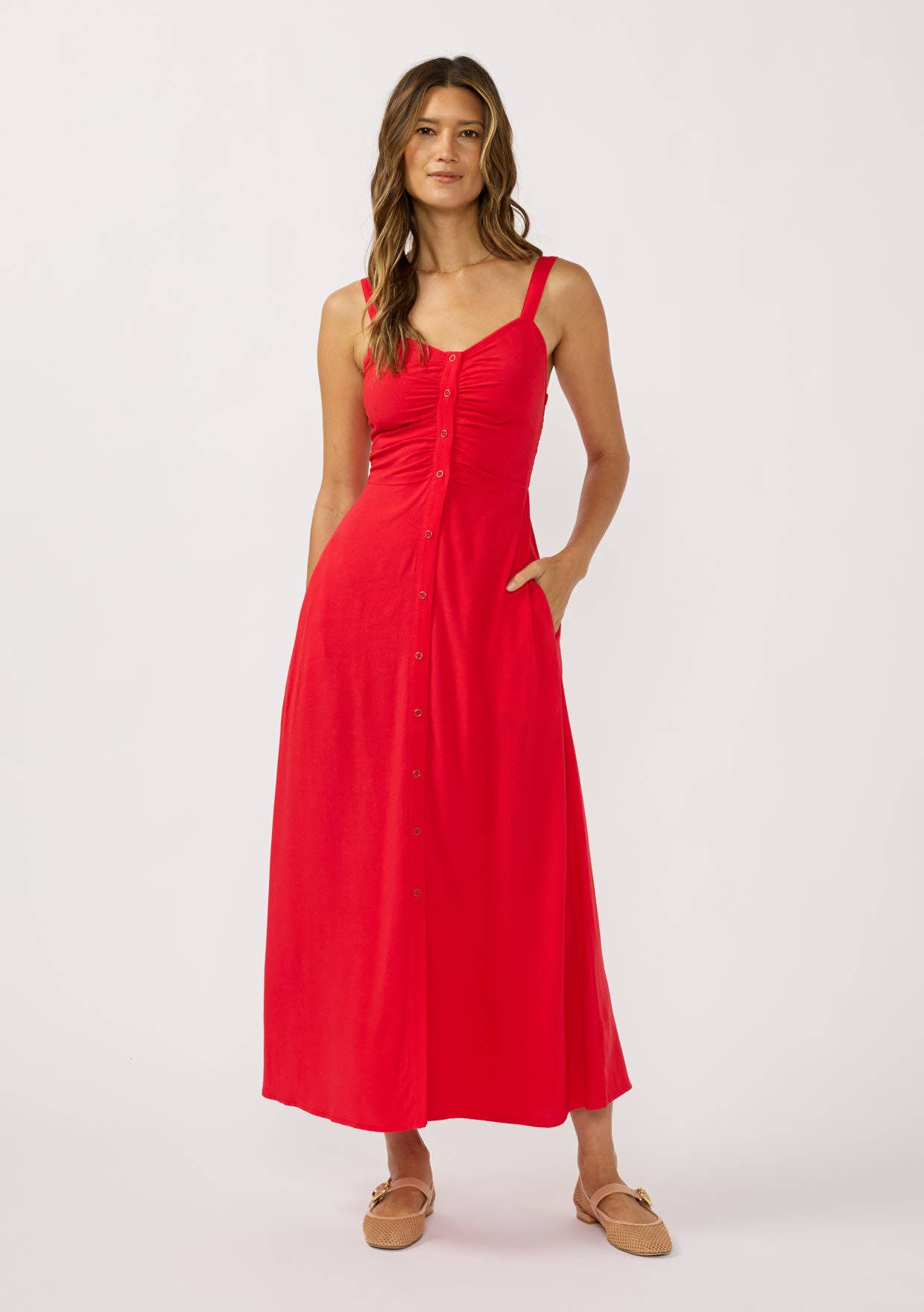 V-Neck Ruched Button Down Maxi