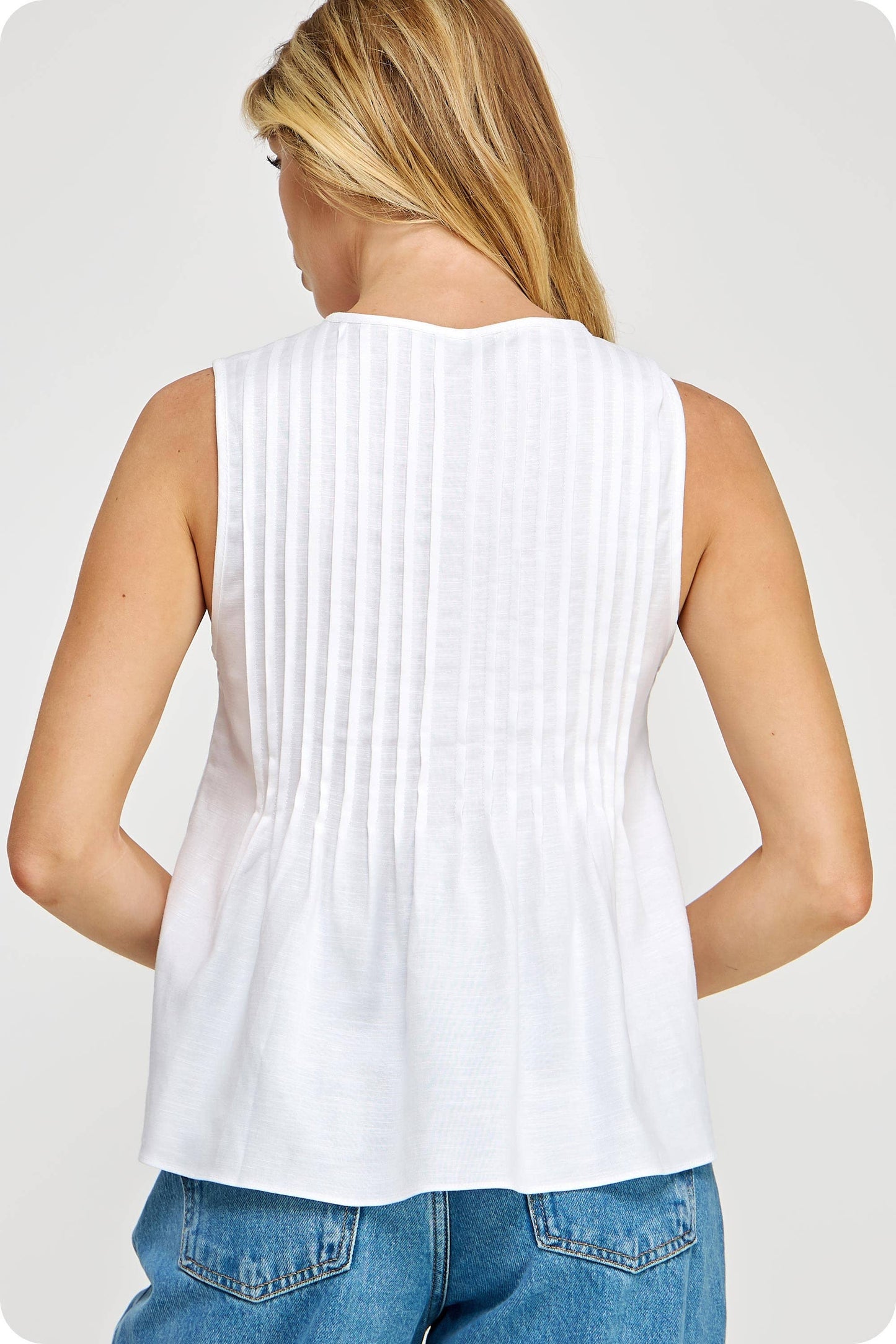 Pintuck Tie Detail Linen Sleeveless Top