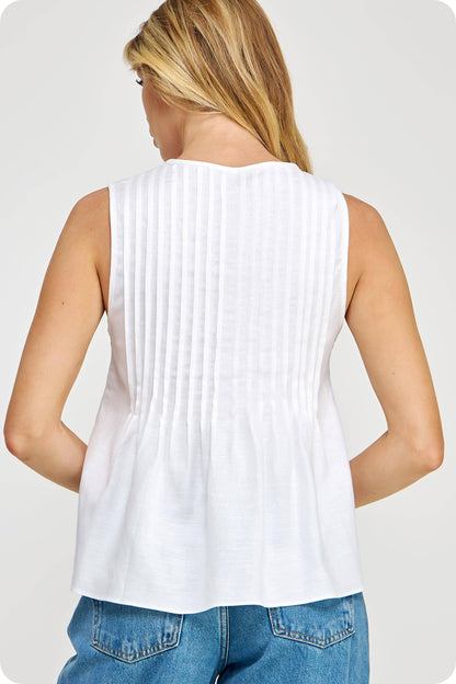 Pintuck Tie Detail Linen Sleeveless Top