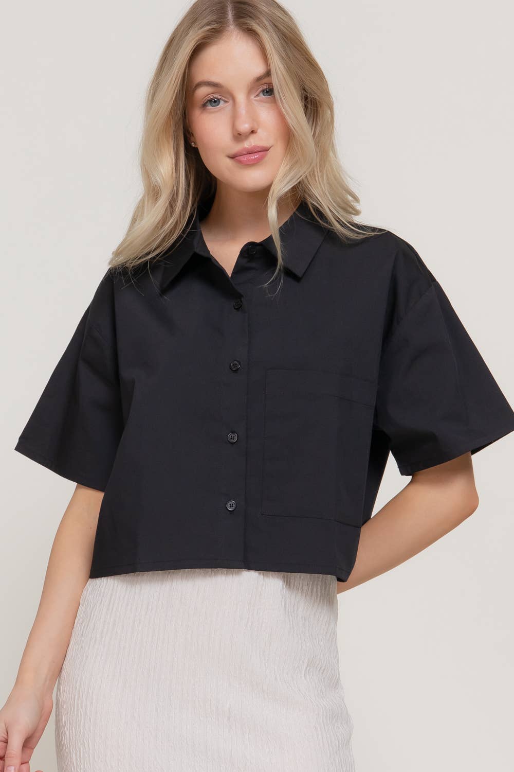 Short Sleeve Button Down Poplin Boxy Woven Shirt