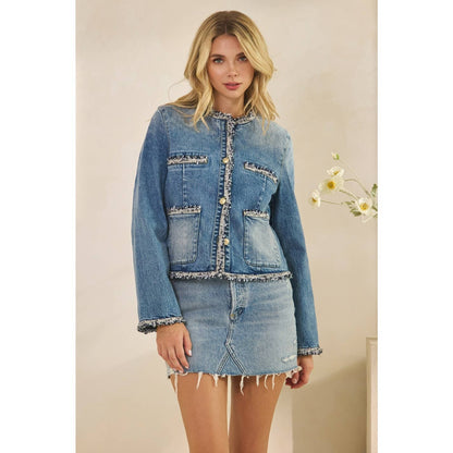 Tweed Trimmed Front Pocket Denim Jacke