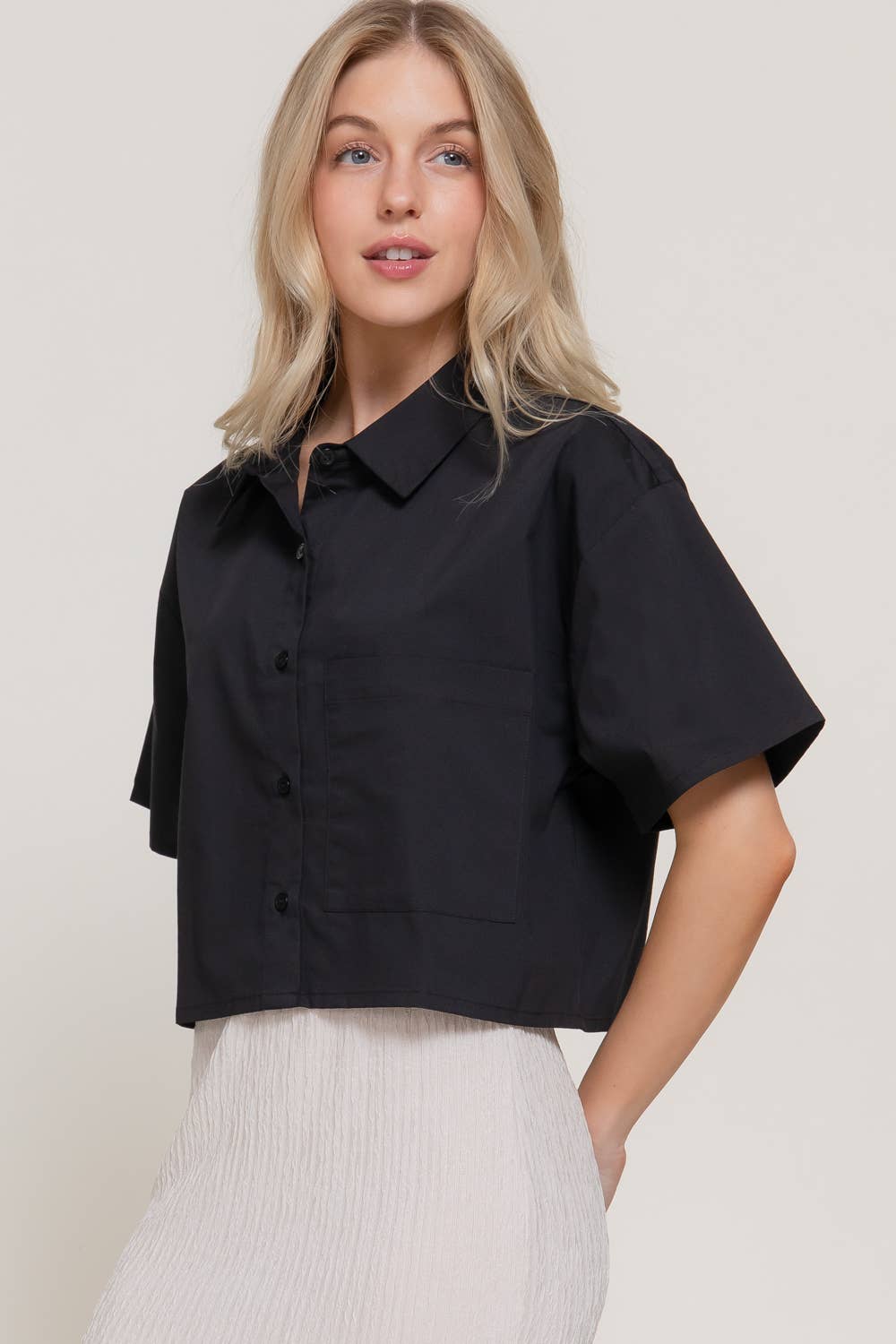 Short Sleeve Button Down Poplin Boxy Woven Shirt