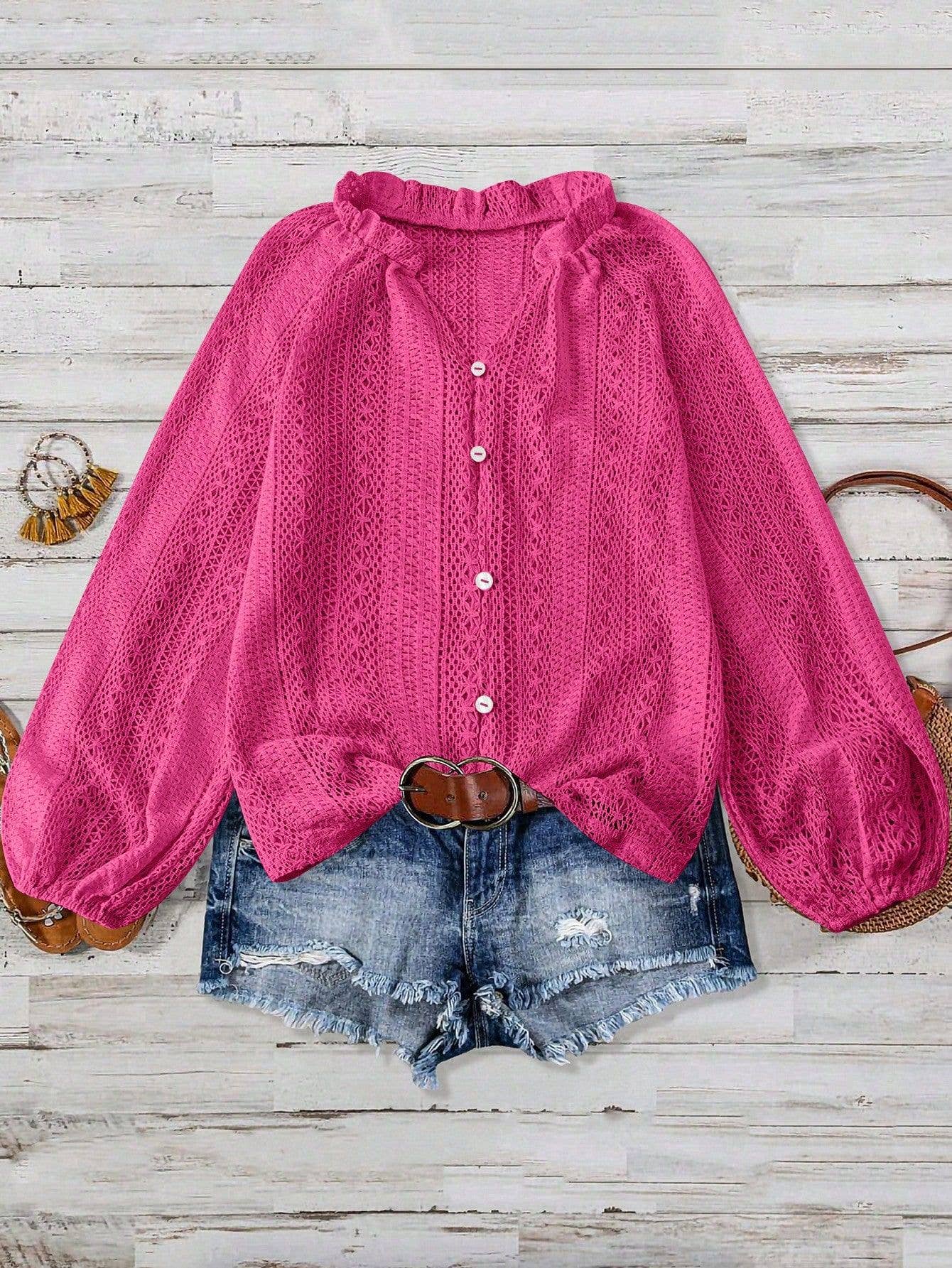 Lace V-Neck Button Down Blouse