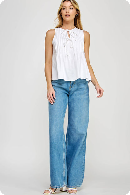 Pintuck Tie Detail Linen Sleeveless Top