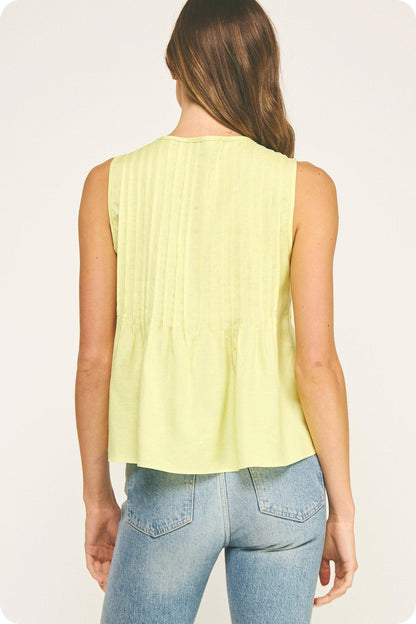 Pintuck Tie Detail Linen Sleeveless Top