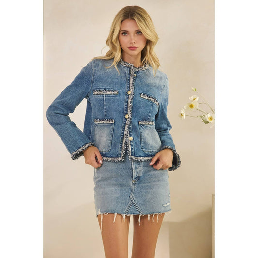 Tweed Trimmed Front Pocket Denim Jacke