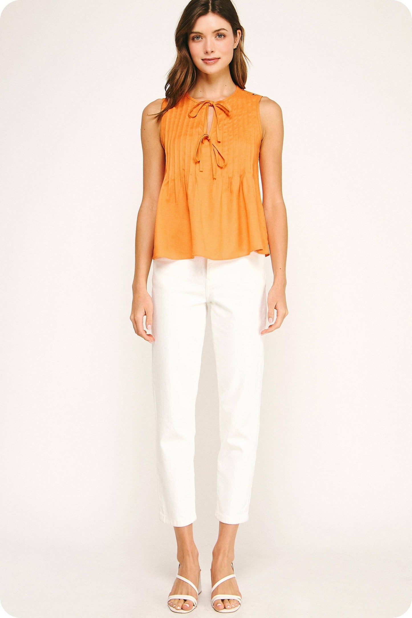 Pintuck Tie Detail Linen Sleeveless Top