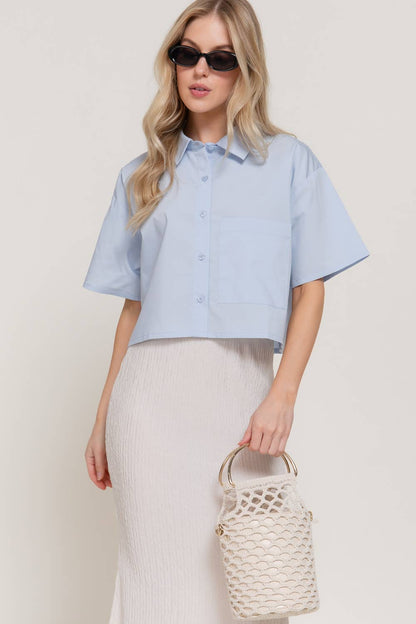 Short Sleeve Button Down Poplin Boxy Woven Shirt