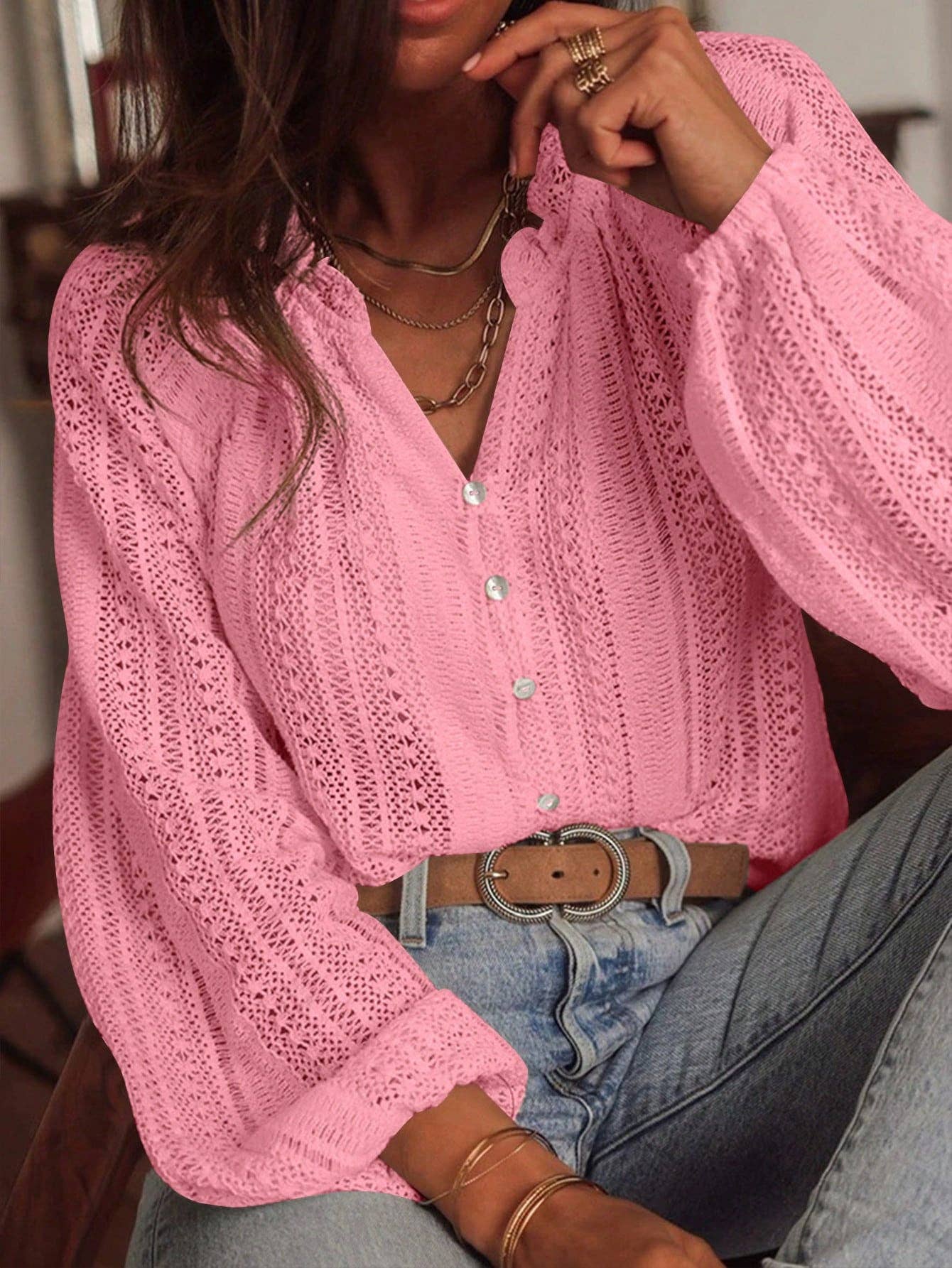 Lace V-Neck Button Down Blouse