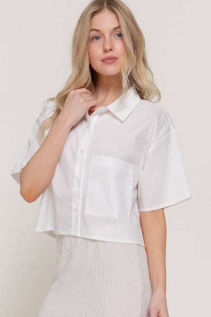 Short Sleeve Button Down Poplin Boxy Woven Shirt