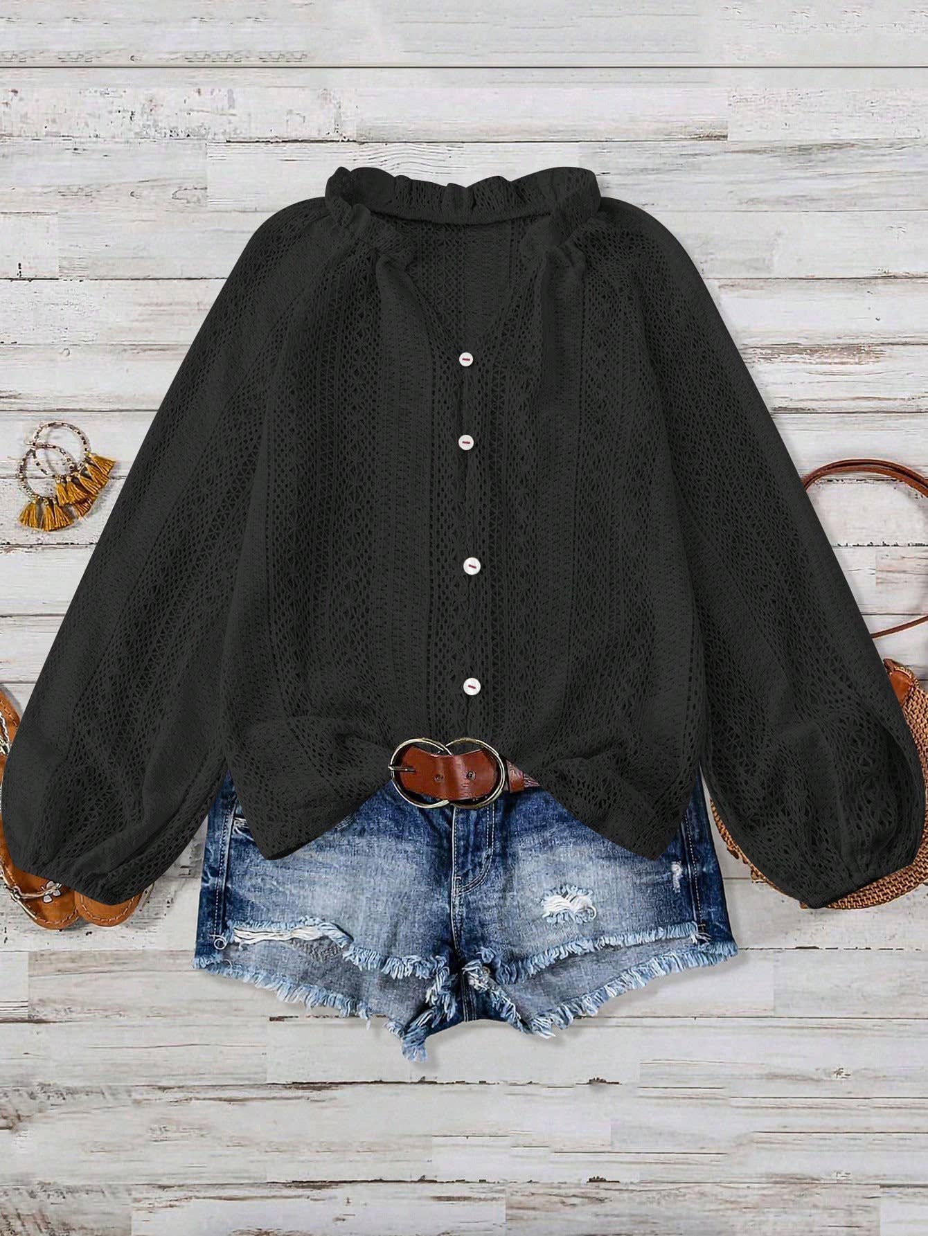 Lace V-Neck Button Down Blouse