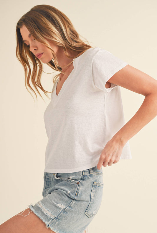 Crop V Neck Tee WHITE