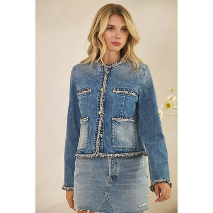 Tweed Trimmed Front Pocket Denim Jacke