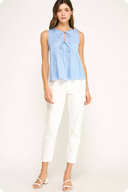 Pintuck Tie Detail Linen Sleeveless Top
