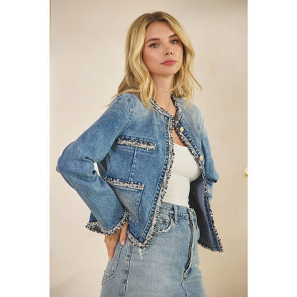 Tweed Trimmed Front Pocket Denim Jacke