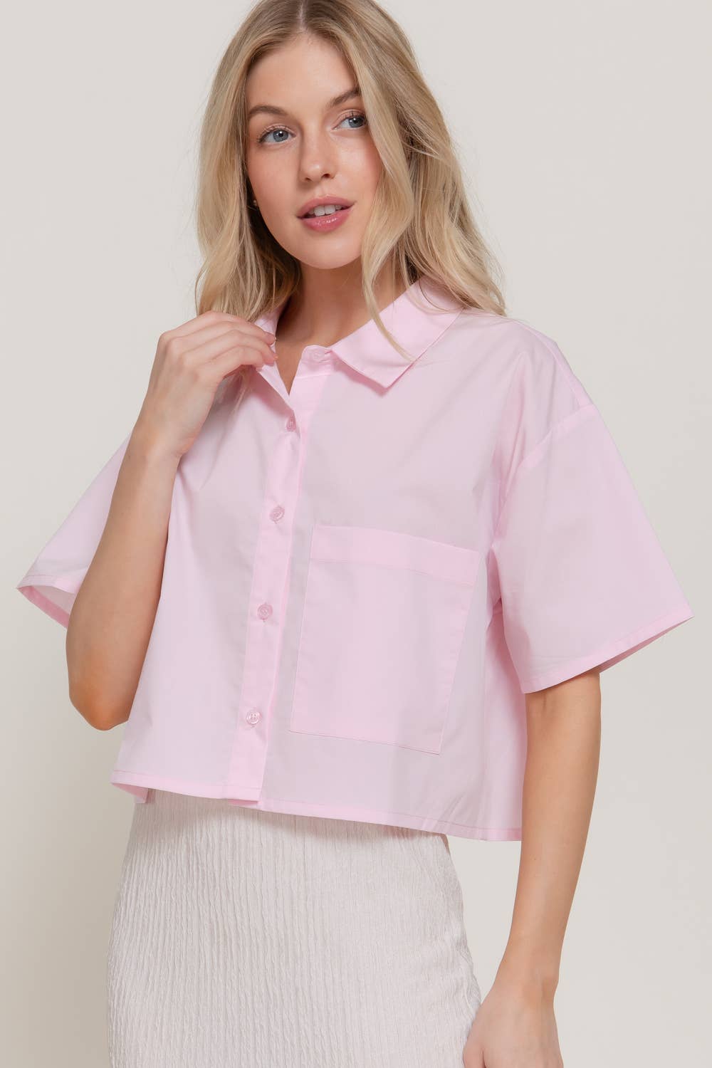 Short Sleeve Button Down Poplin Boxy Woven Shirt