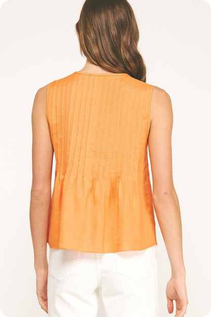 Pintuck Tie Detail Linen Sleeveless Top