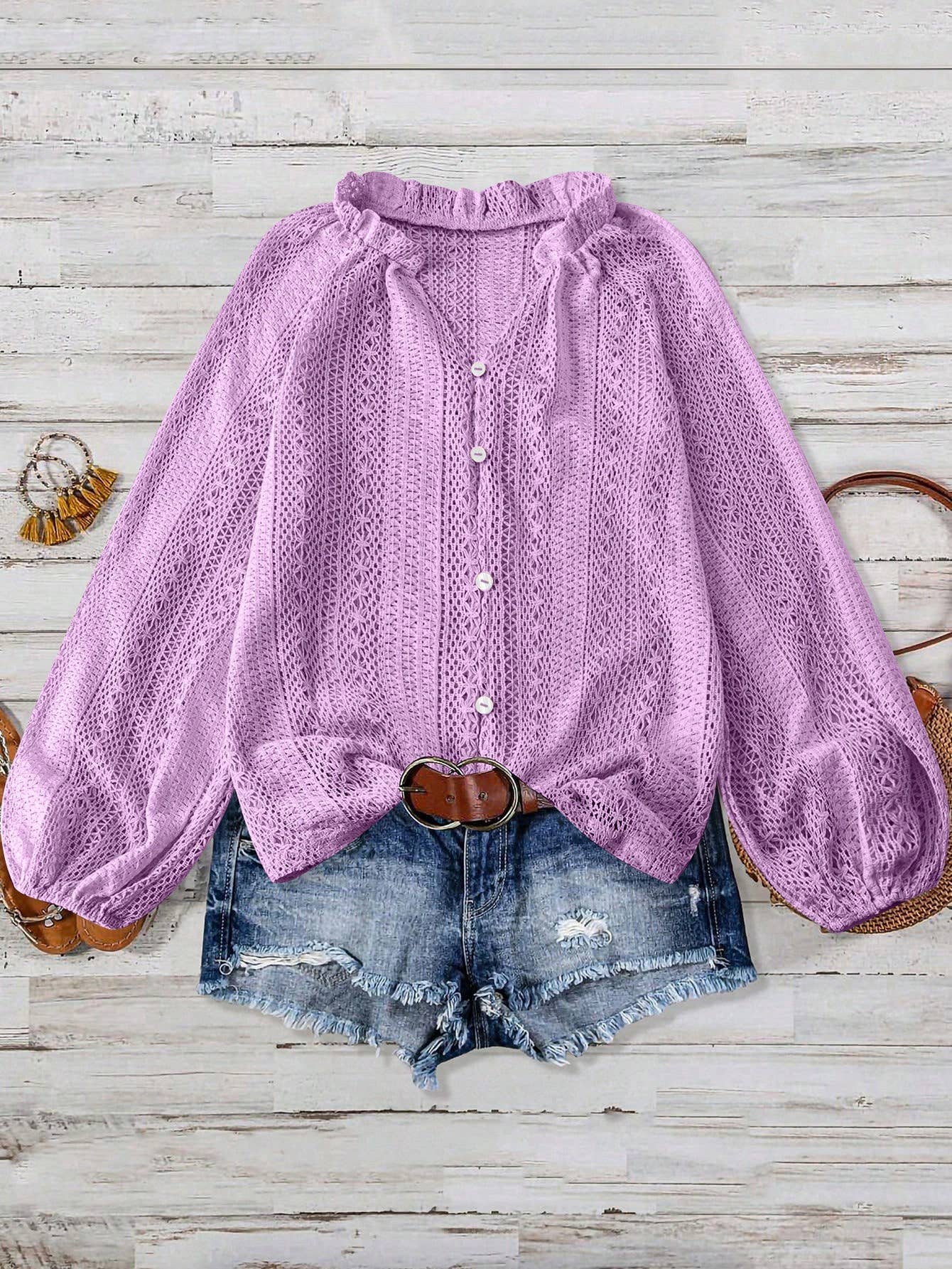 Lace V-Neck Button Down Blouse